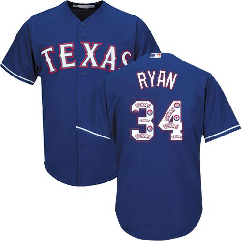 Rangers #34 Nolan Ryan Blue Team Logo Fashion Stitched MLB Jersey - Click Image to Close